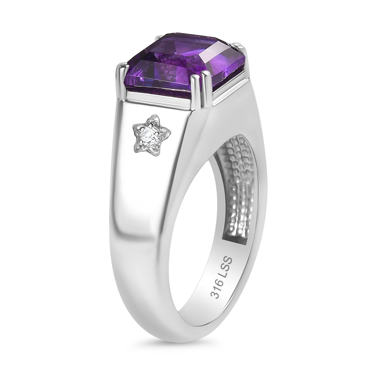 African Amethyst and White Zircon 5.10 ctw Men's Ring in Stainless Steel (Size 10.0) image number 3