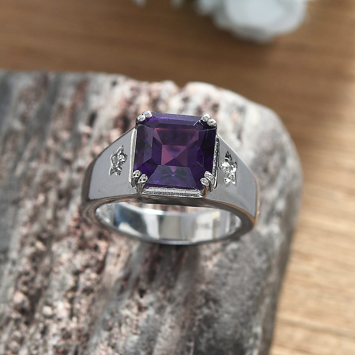 African Amethyst and White Zircon 5.10 ctw Men's Ring in Stainless Steel (Size 11.0) image number 1