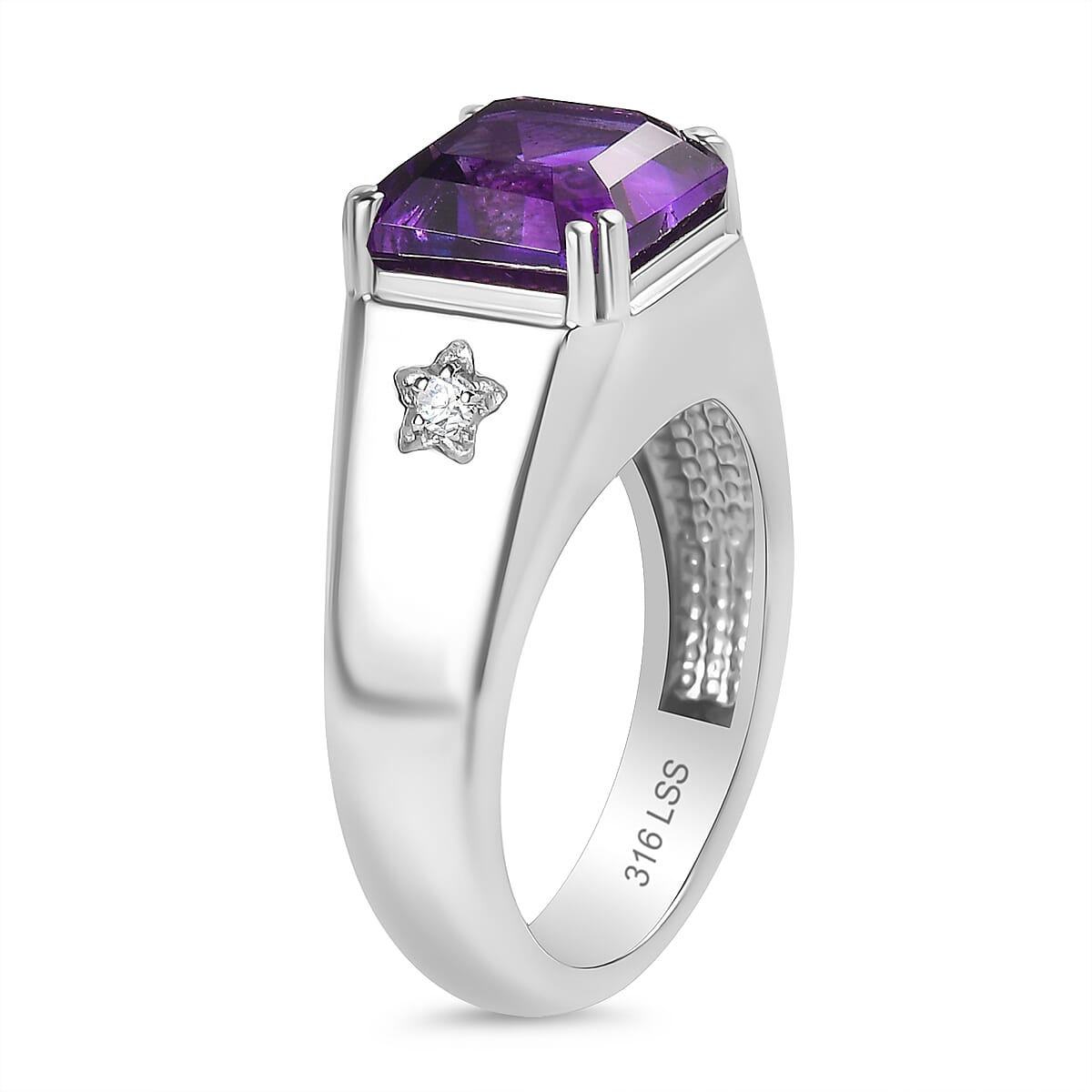African Amethyst and White Zircon 5.10 ctw Men's Ring in Stainless Steel (Size 11.0) image number 3