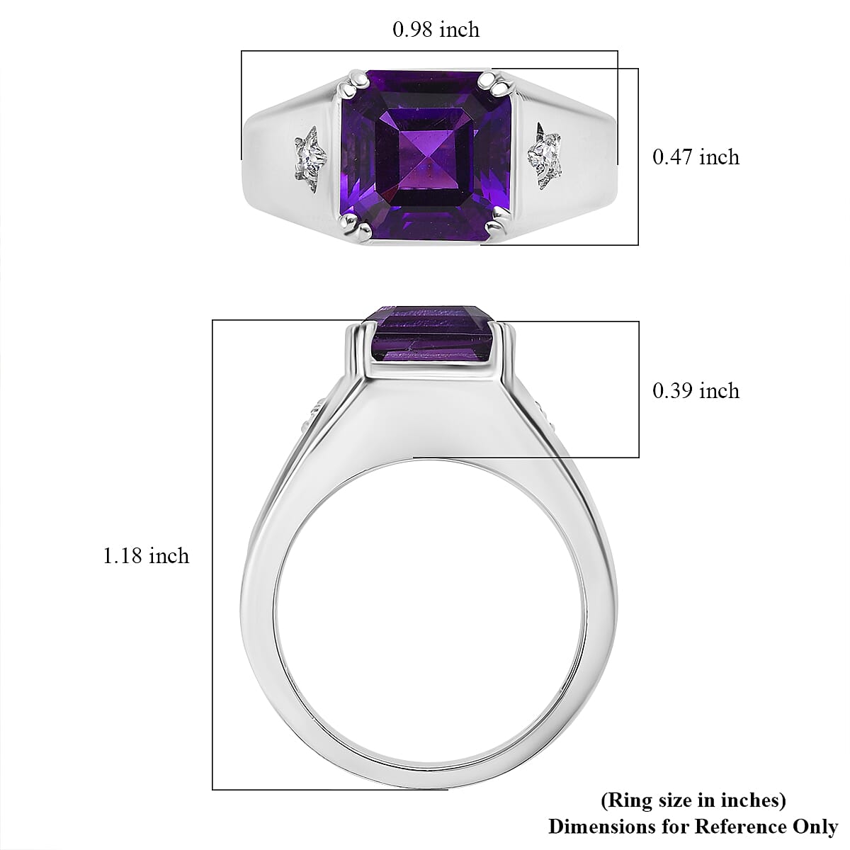 African Amethyst and White Zircon 5.10 ctw Men's Ring in Stainless Steel (Size 12.0) image number 5