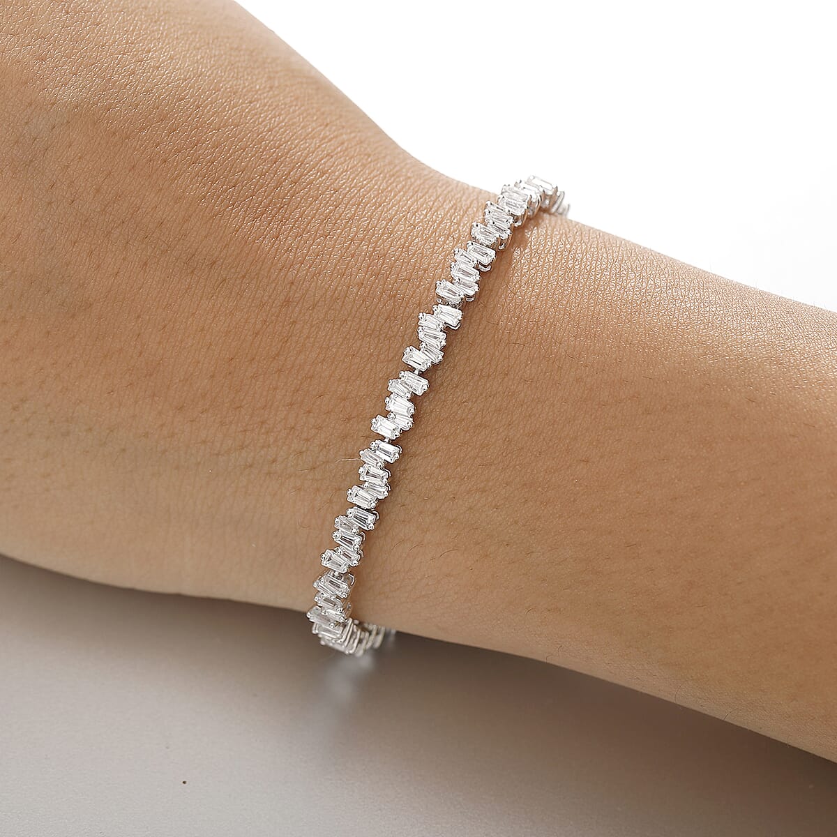 D'Joy White Zircon 9.00 ctw Waves Bracelet in Rhodium Over Sterling Silver (8.00 In) image number 2