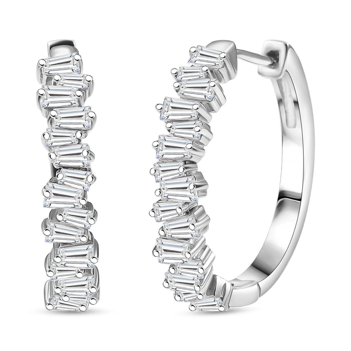 D'Joy White Zircon 2.30 ctw Waves Hoop Earrings in Rhodium Over Sterling Silver image number 0