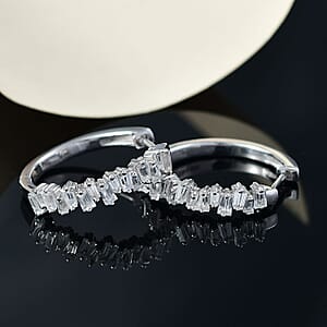 D'Joy White Zircon 2.30 ctw Waves Hoop Earrings in Rhodium Over Sterling Silver