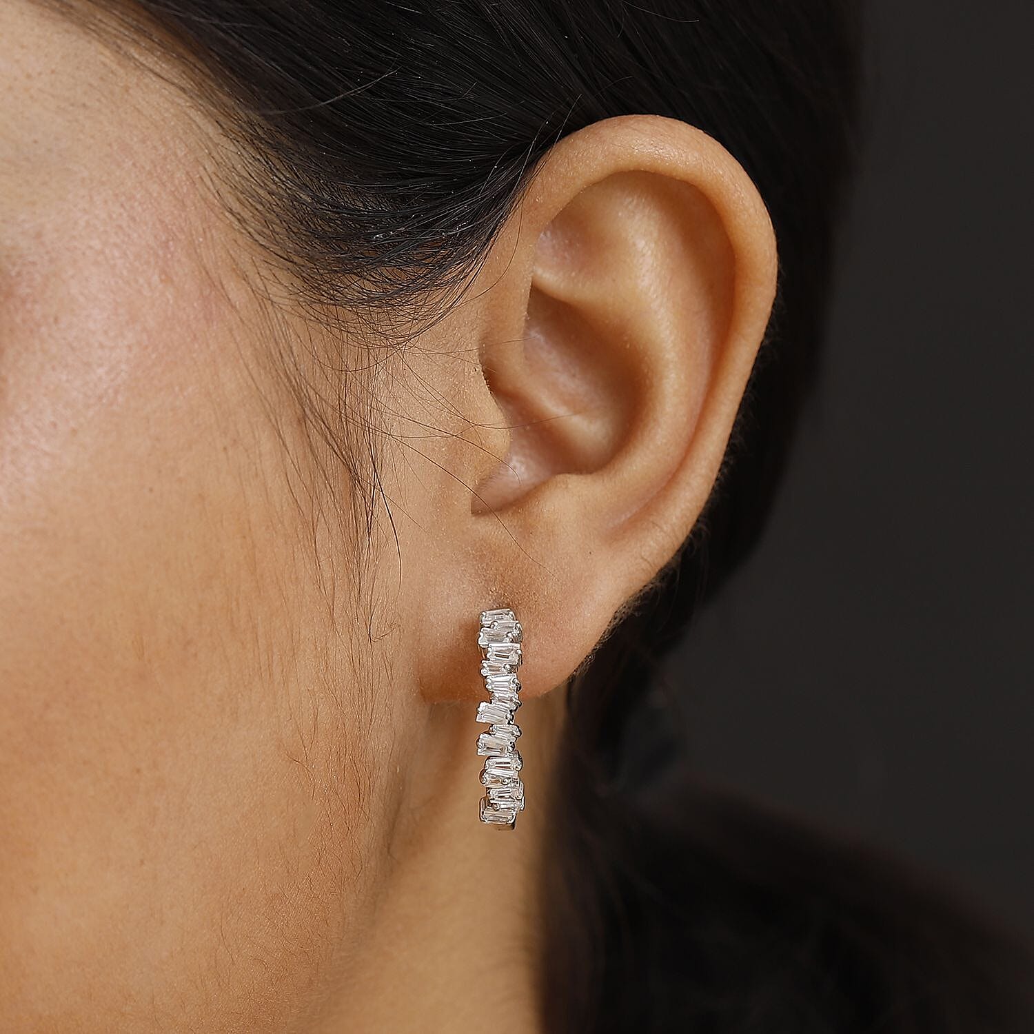 D'Joy White Zircon 2.30 ctw Waves Hoop Earrings in Rhodium Over Sterling Silver