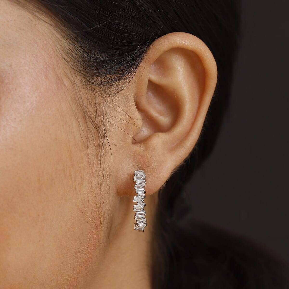 D'Joy White Zircon 2.30 ctw Waves Hoop Earrings in Rhodium Over Sterling Silver image number 2