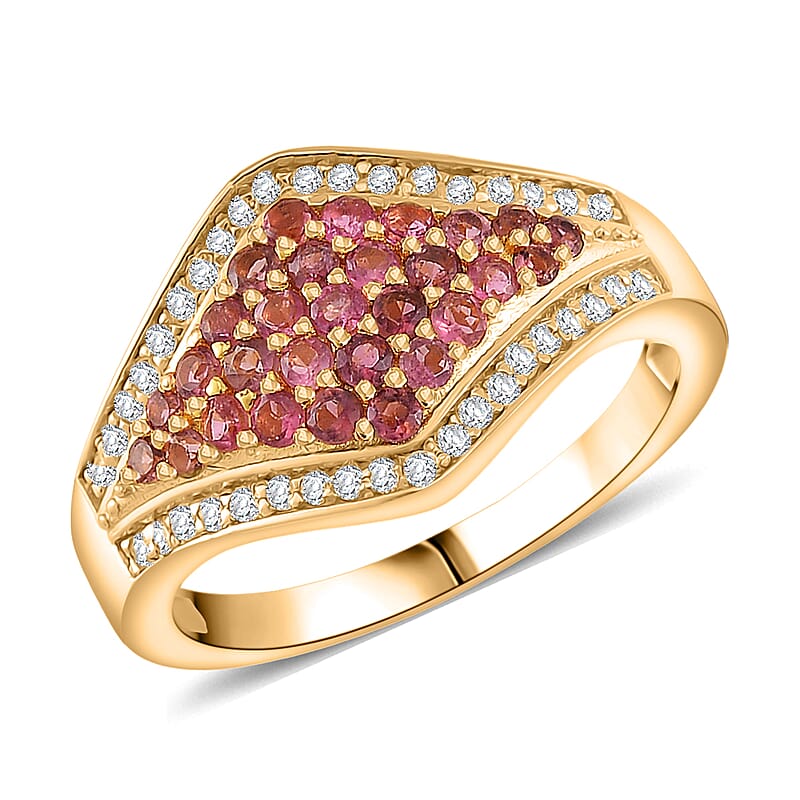 D'Joy Ouro Fino Rubellite, White Zircon Ring in 18K Vermeil YG Over Sterling Silver (Size 10.0) 1.00 ctw
