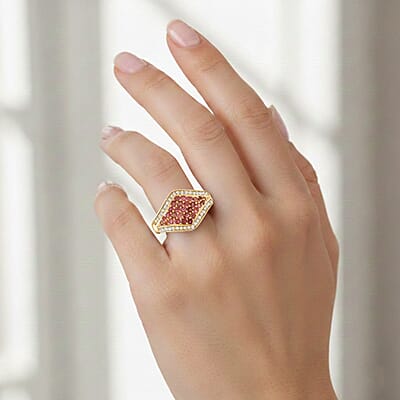 D'Joy Ouro Fino Rubellite, White Zircon Ring in 18K Vermeil YG Over Sterling Silver (Size 10.0) 1.00 ctw