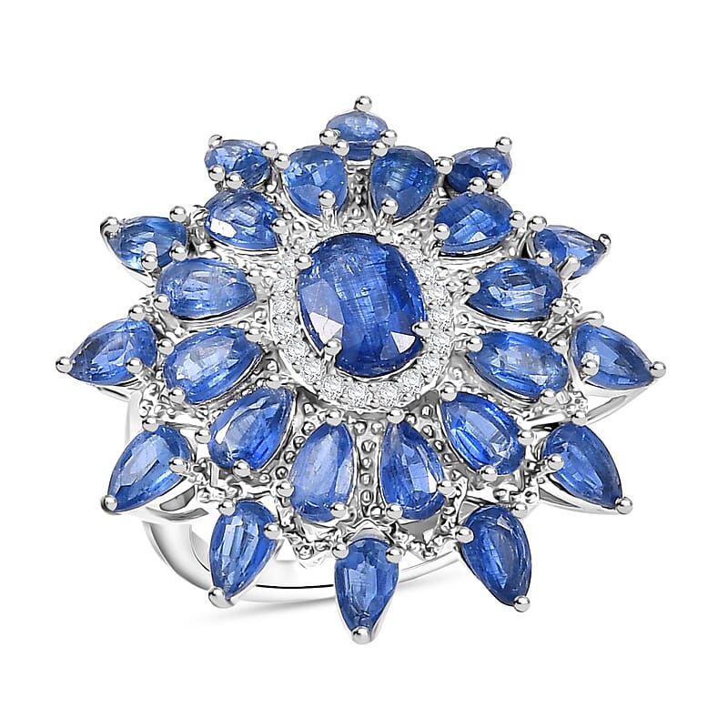 D'Joy Kashmir Kyanite and White Zircon 8.30 ctw Celestial Bloom Ring in Rhodium Over Sterling Silver (Size 10.0)