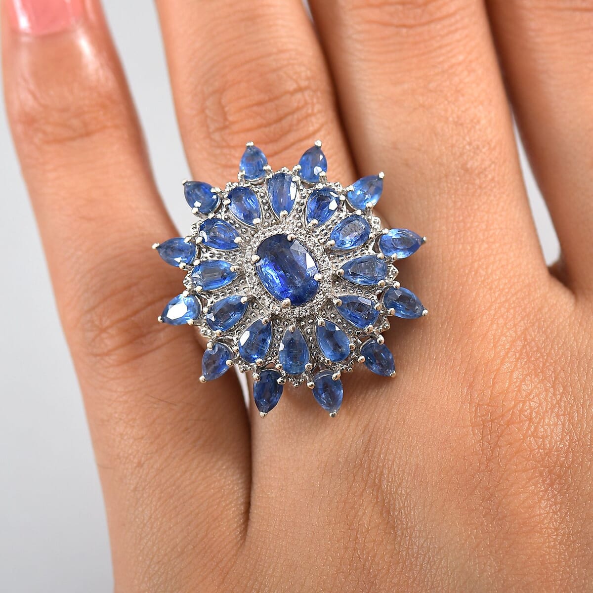 D'Joy Kashmir Kyanite and White Zircon 8.30 ctw Celestial Bloom Ring in Rhodium Over Sterling Silver (Size 10.0) image number 2