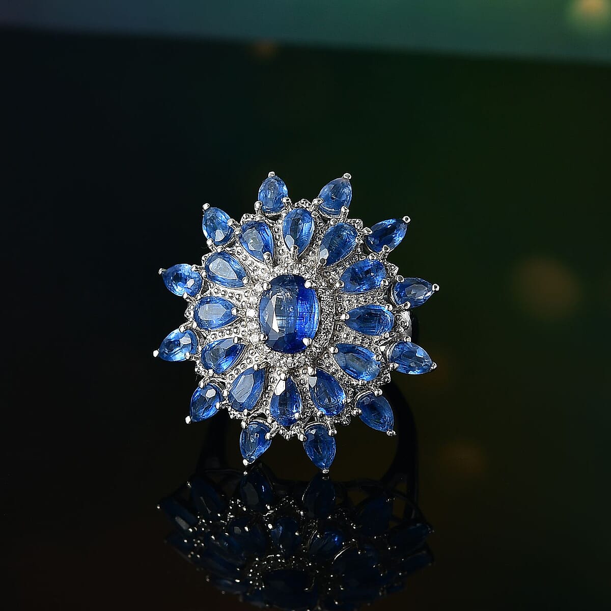 D'Joy Kashmir Kyanite and White Zircon 8.30 ctw Celestial Bloom Ring in Rhodium Over Sterling Silver (Size 8.0) image number 1