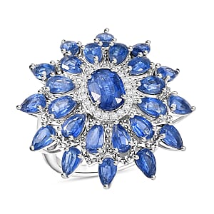 D'Joy Kashmir Kyanite and White Zircon 8.30 ctw Celestial Bloom Ring in Rhodium Over Sterling Silver (Size 9.0)