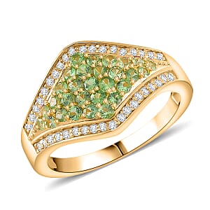 D'Joy Tsavorite Garnet, White Zircon Ring in 18K Vermeil YG Over Sterling Silver 1.00 ctw (Size 7.0)