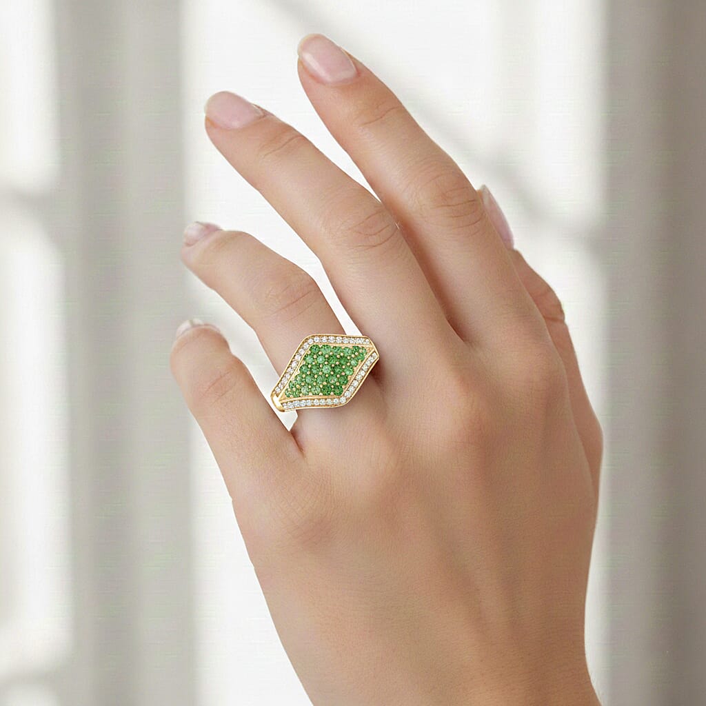 D'Joy Tsavorite Garnet and White Zircon 1.00 ctw Ruyi Glass Footbridge Ring in 18K Vermeil Yellow Gold Over Sterling Silver (Size 7.0)