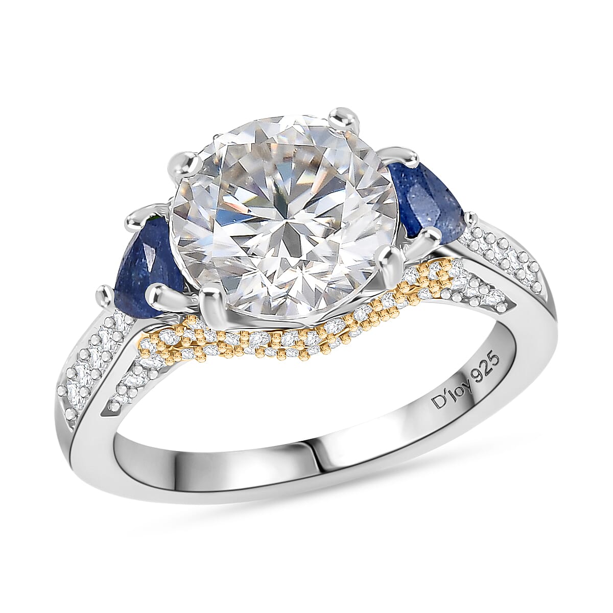 D'Joy Heart and Arrow Cut Moissanite and Masoala Sapphire 4.10 ctw Ring in 18K Vermeil YG and Rhodium Over Sterling Silver (Size  10.0) image number 0