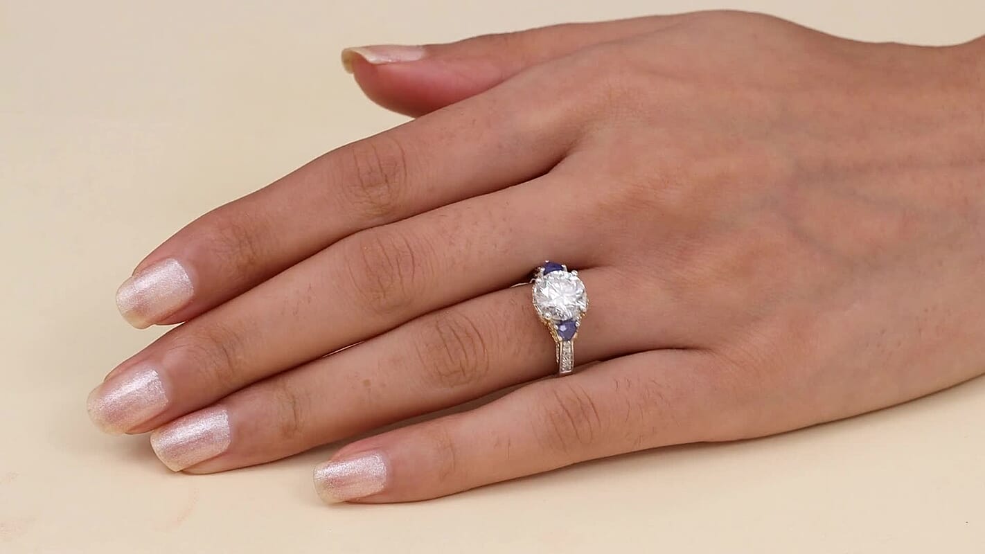 D'Joy Heart and Arrow Cut Moissanite and Masoala Sapphire 4.10 ctw Ring in 18K Vermeil YG and Rhodium Over Sterling Silver (Size  10.0)