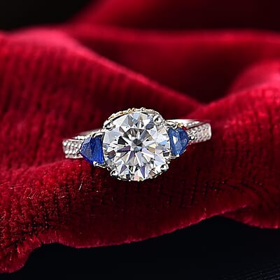 D'Joy Heart and Arrow Cut Moissanite and Masoala Sapphire 4.10 ctw Ring in 18K Vermeil YG and Rhodium Over Sterling Silver (Size  10.0)