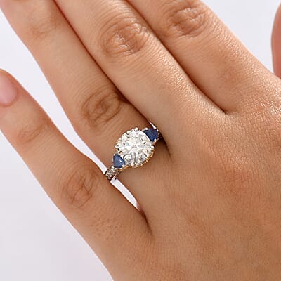 D'Joy Heart and Arrow Cut Moissanite and Masoala Sapphire 4.10 ctw Ring in 18K Vermeil YG and Rhodium Over Sterling Silver (Size  10.0)