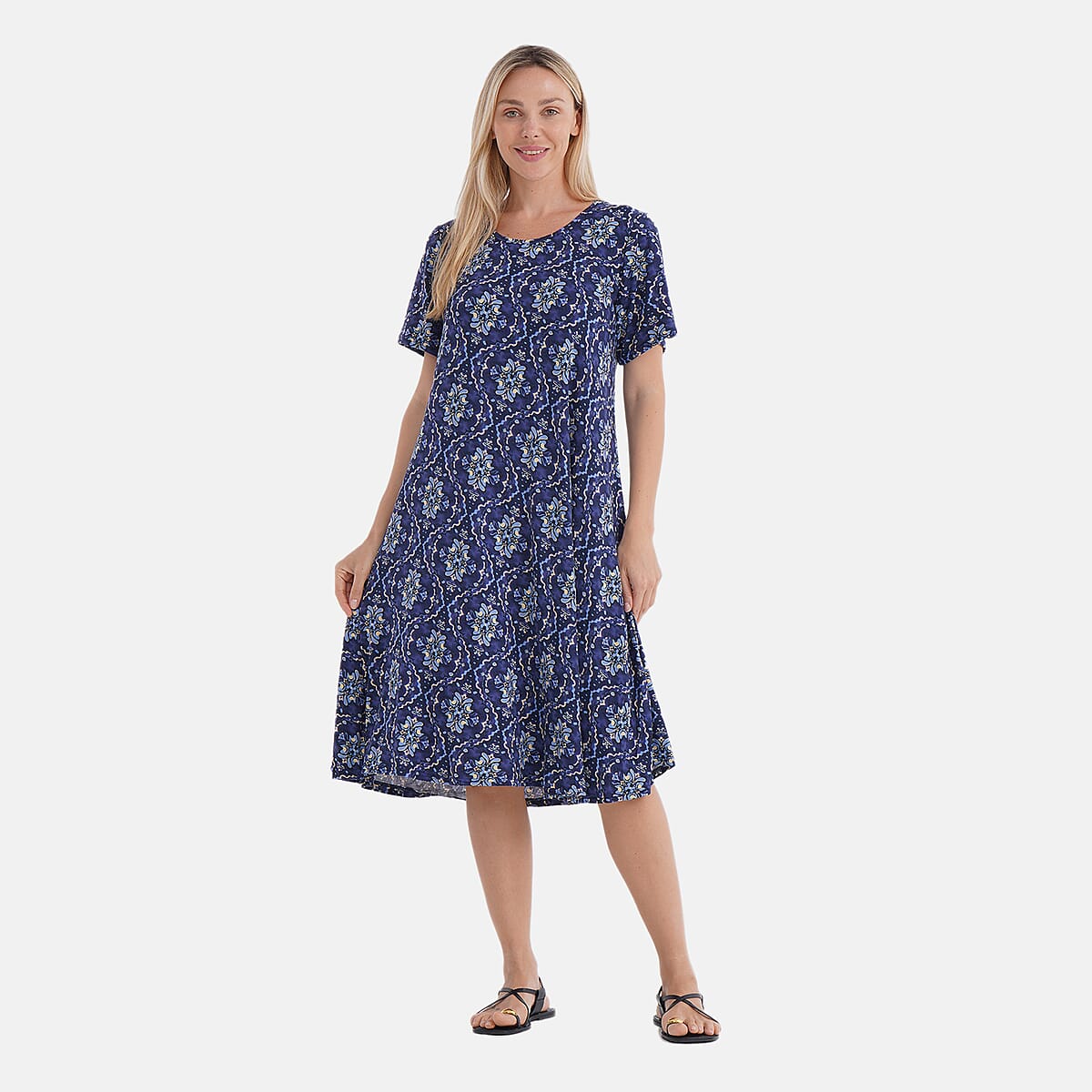 Tamsy Kaleidoscope Double Knit Brushed A-Line Dress with Short Sleeves - One Size Fits Most image number 0