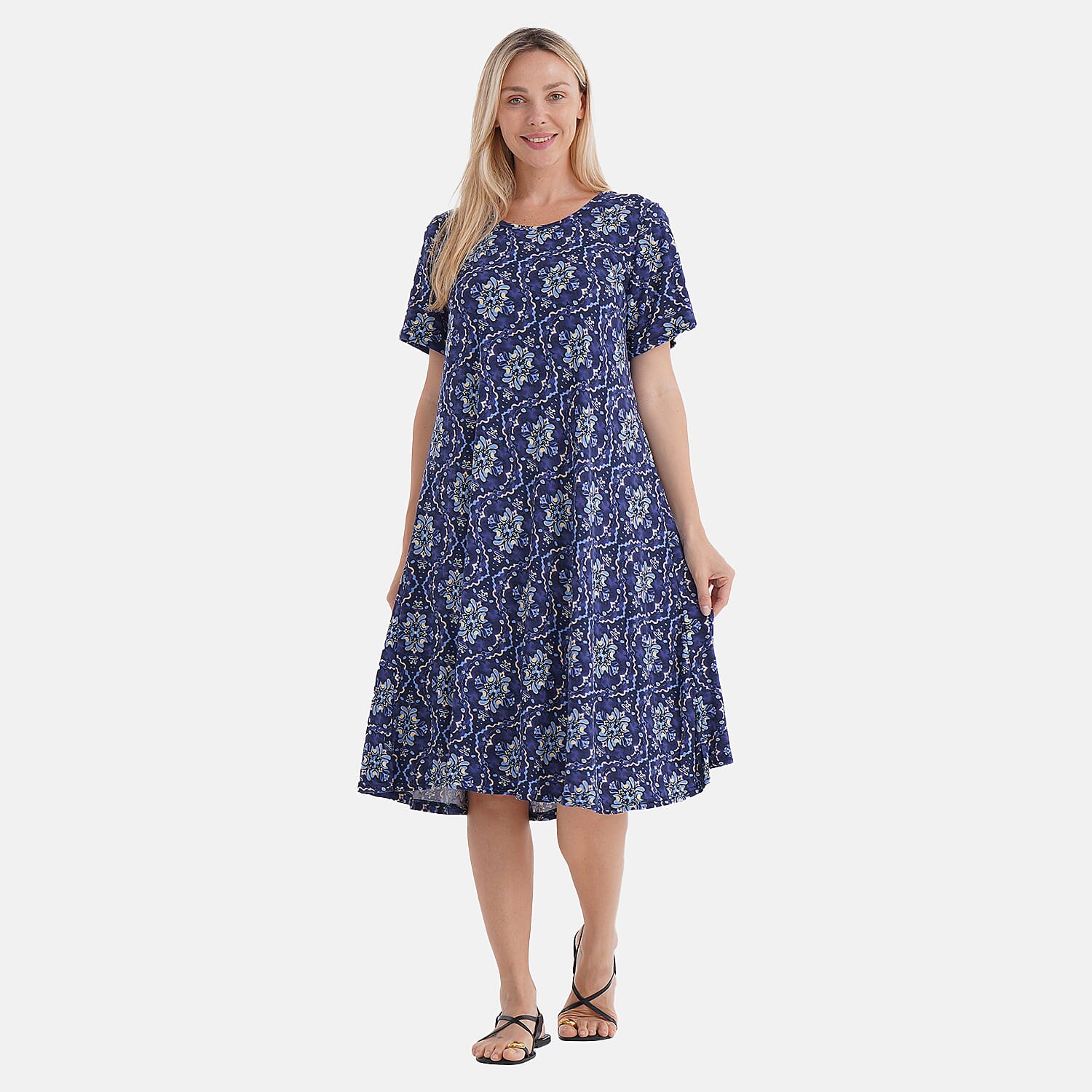 Tamsy Kaleidoscope Double Knit Brushed A-Line Dress with Short Sleeves - One Size Fits Most