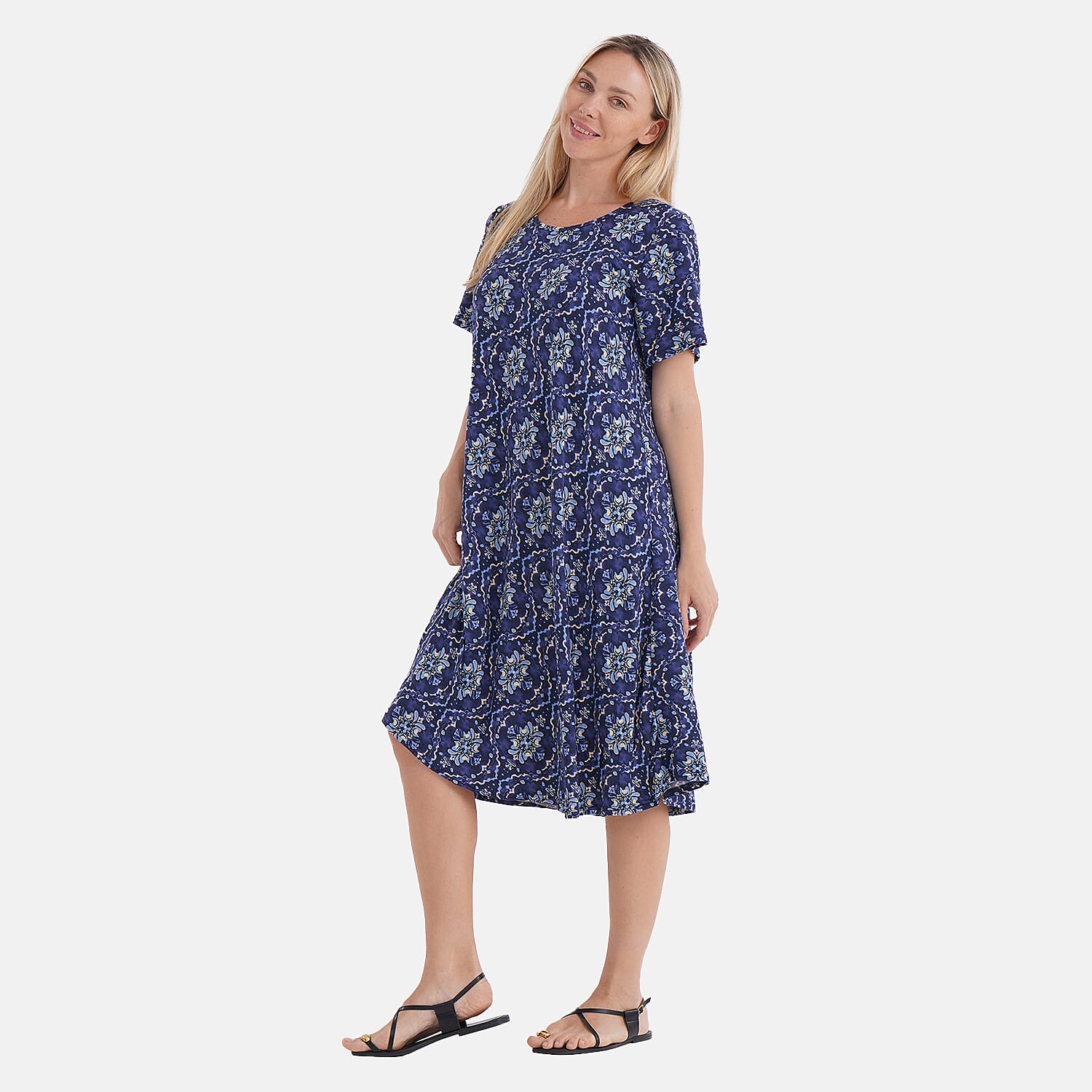 Tamsy Kaleidoscope Double Knit Brushed A-Line Dress with Short Sleeves - One Size Fits Most