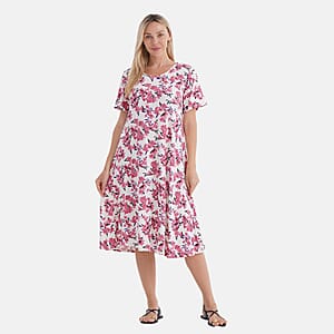 Tamsy Pink Floral Double Knit Brushed A-Line Dress with Short Sleeves - One Size Fits Most