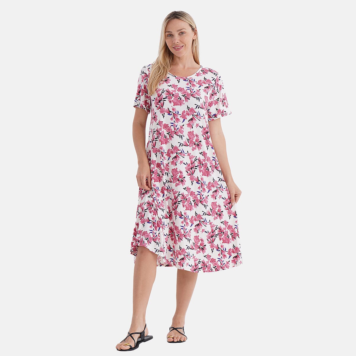 Tamsy Pink Floral Double Knit Brushed A-Line Dress with Short Sleeves - One Size Fits Most image number 1
