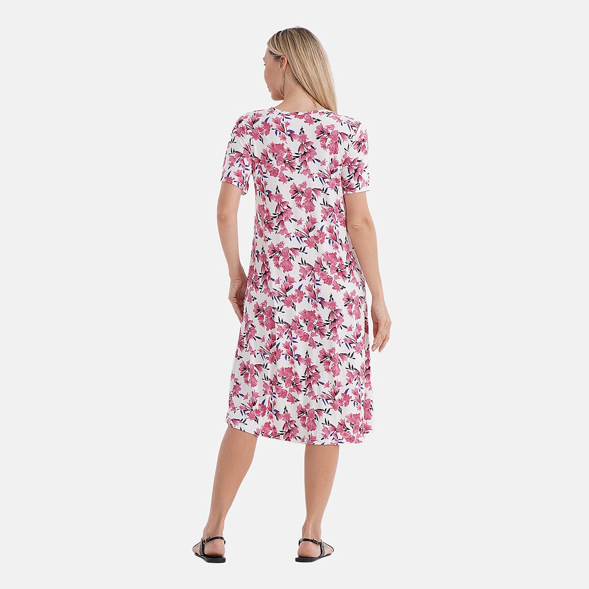 Tamsy Pink Floral Double Knit Brushed A-Line Dress with Short Sleeves - One Size Fits Most image number 3