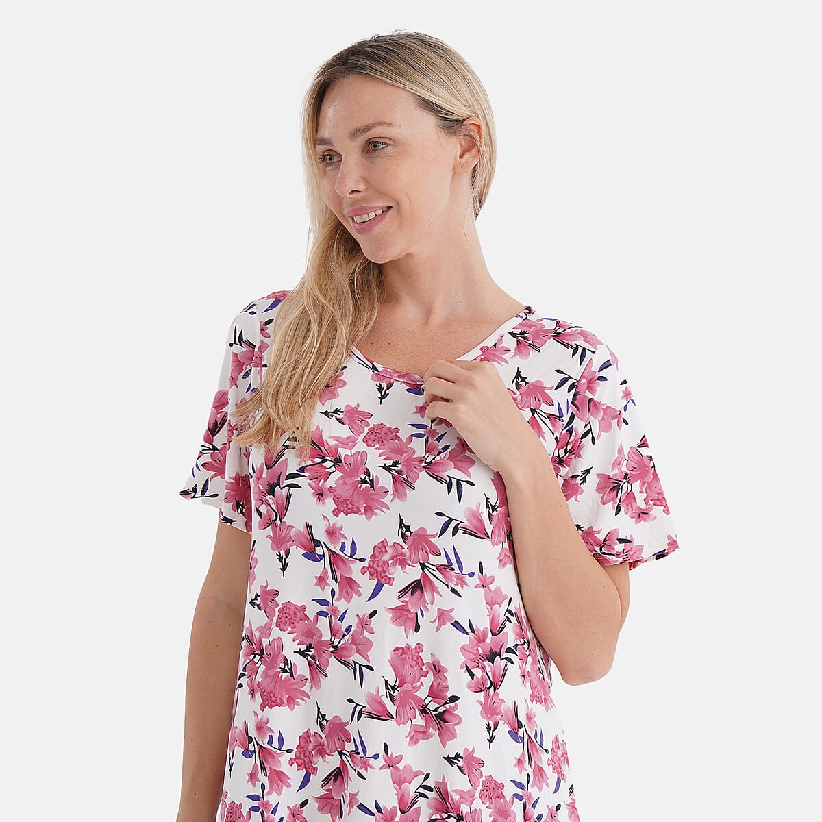 Tamsy Pink Floral Double Knit Brushed A-Line Dress with Short Sleeves - One Size Fits Most image number 4
