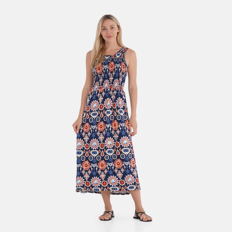 TAMSY Multi Gemstone Smocked Sleeveless Double Knit Dress with Waist Tie - One Size Fits Most