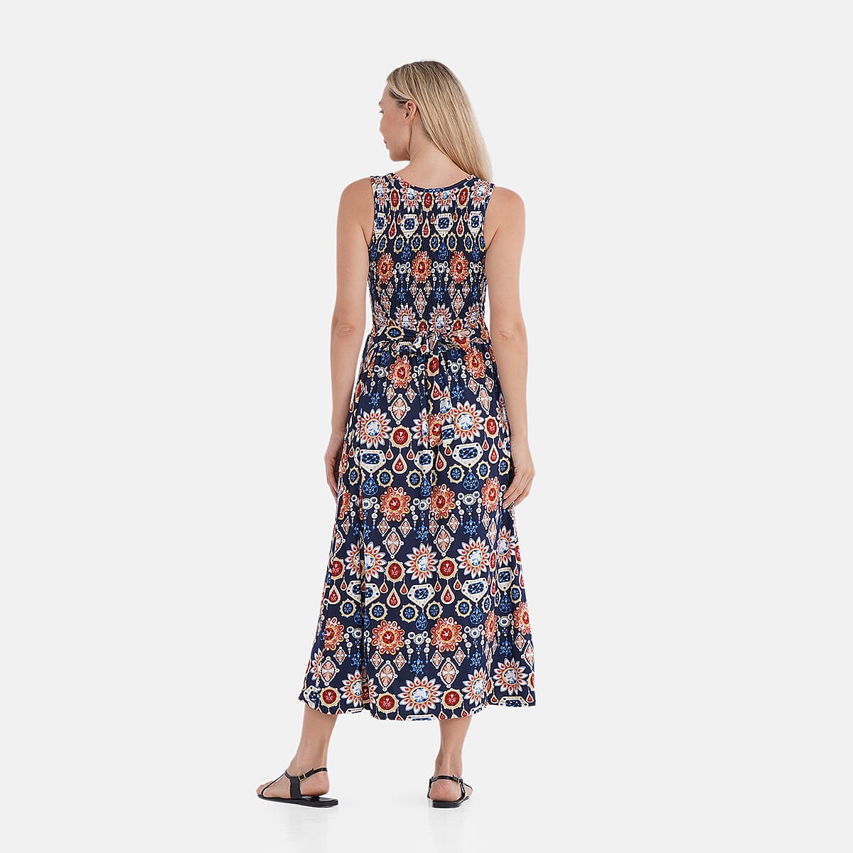 TAMSY Multi Gemstone Smocked Sleeveless Double Knit Dress with Waist Tie - One Size Fits Most image number 1
