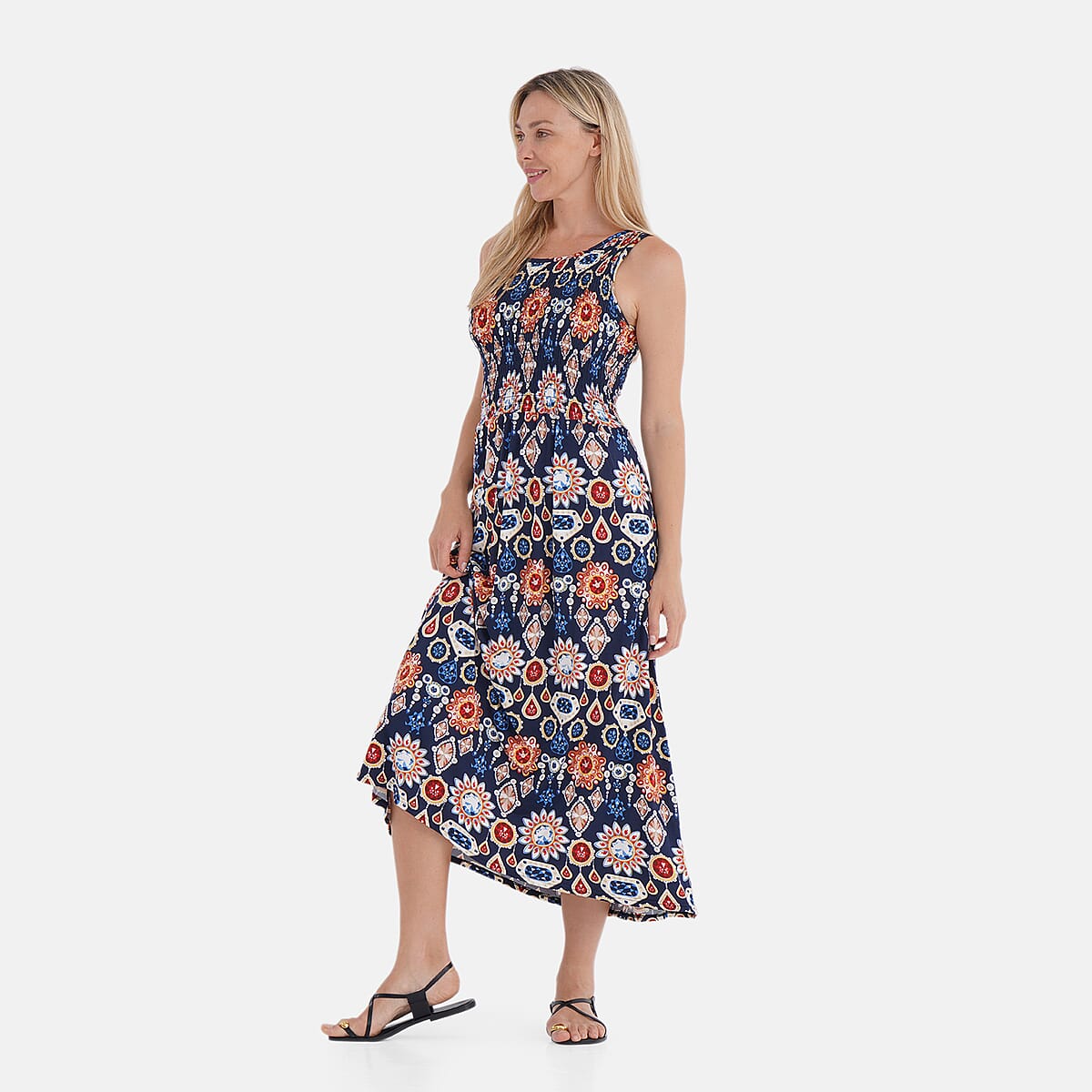 TAMSY Multi Gemstone Smocked Sleeveless Double Knit Dress with Waist Tie - One Size Fits Most image number 2