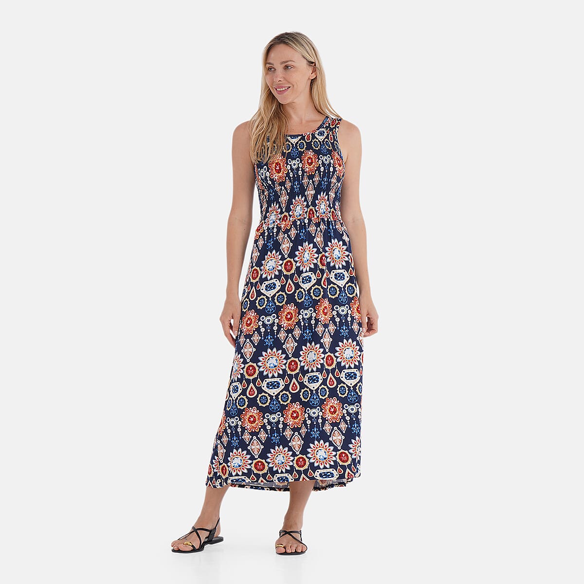 TAMSY Multi Gemstone Smocked Sleeveless Double Knit Dress with Waist Tie - One Size Fits Most image number 3