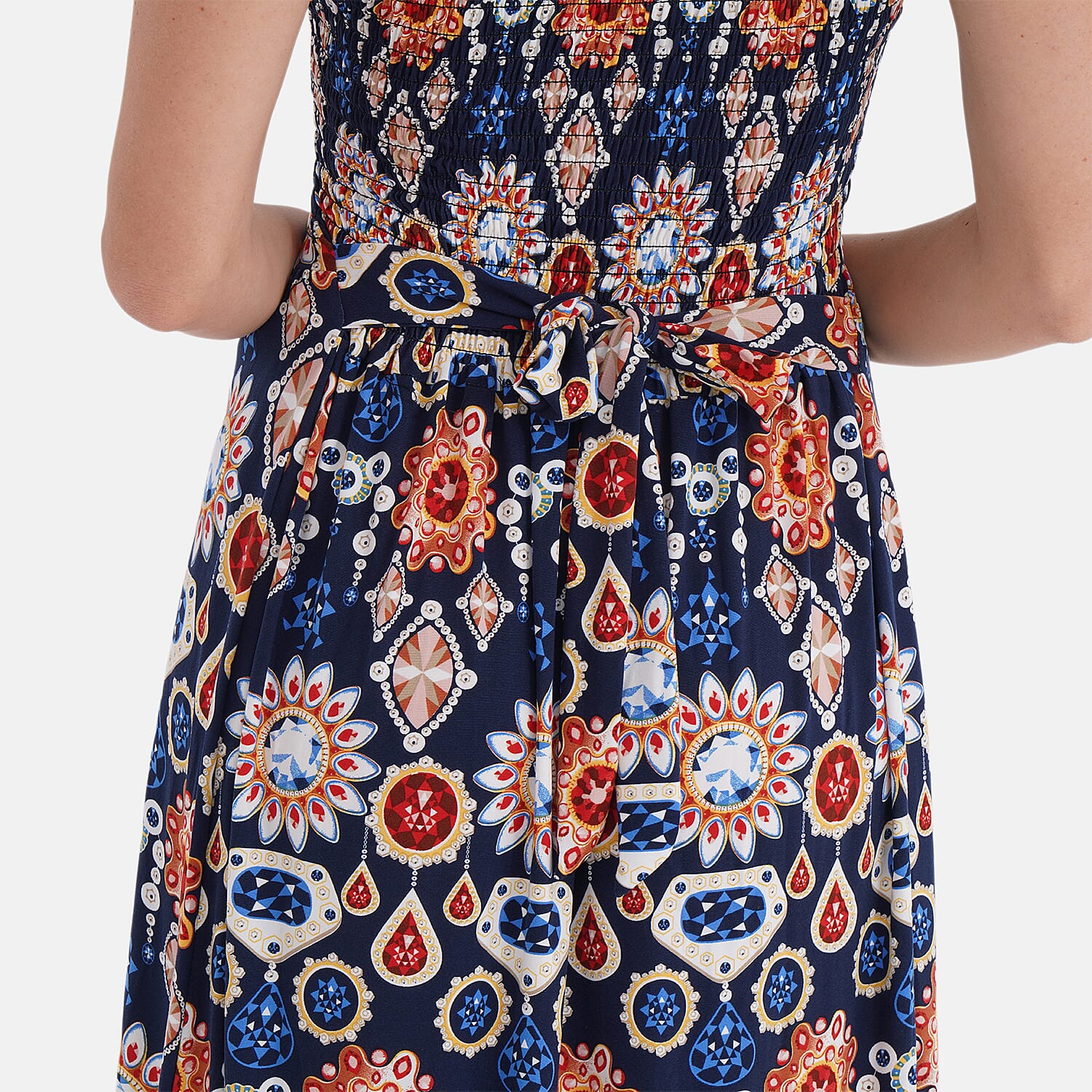 TAMSY Multi Gemstone Smocked Sleeveless Double Knit Dress with Waist Tie - One Size Fits Most