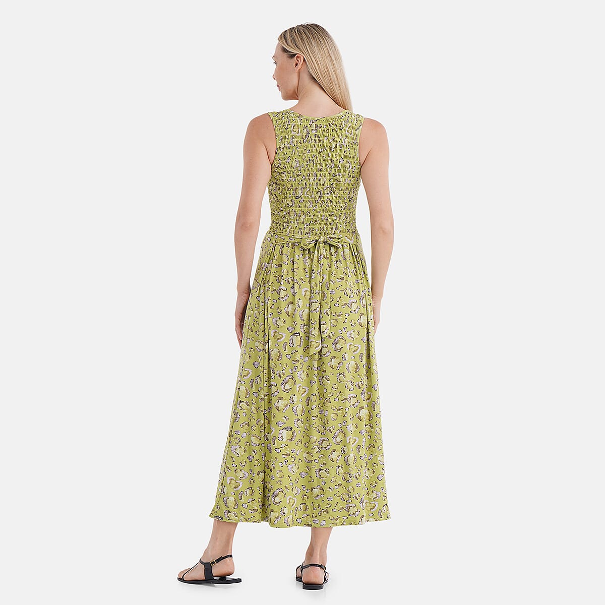 TAMSY Green Leopard Smocked Sleeveless Double Knit Dress with Waist Tie - One Size Fits Most image number 1