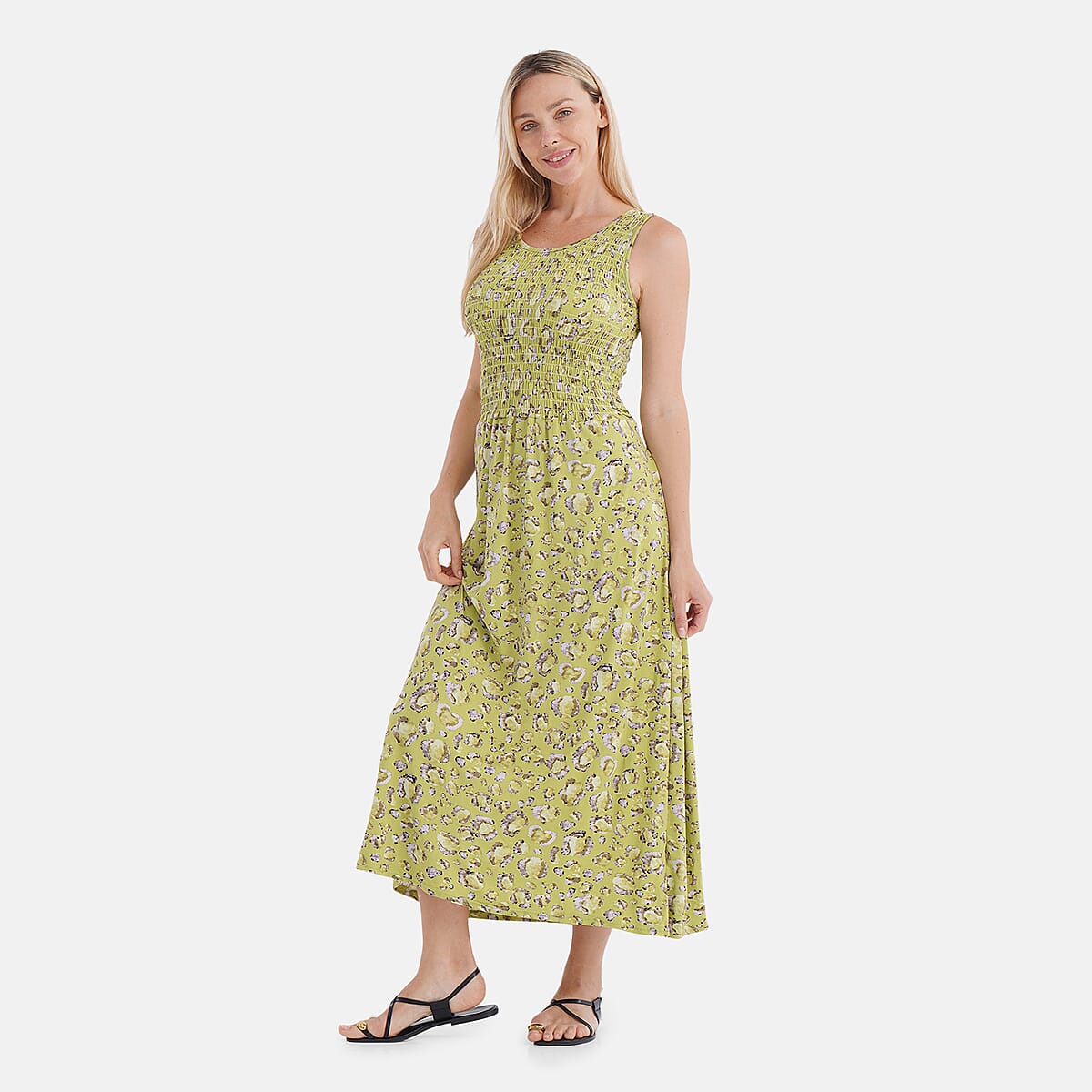 TAMSY Green Leopard Smocked Sleeveless Double Knit Dress with Waist Tie - One Size Fits Most image number 2