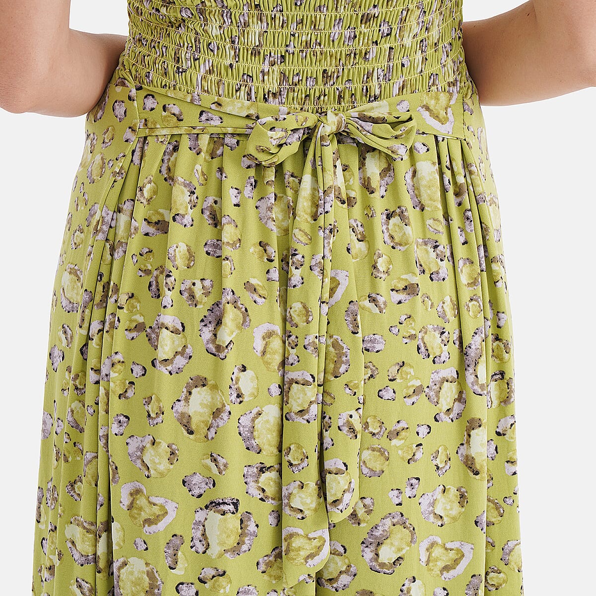 TAMSY Green Leopard Smocked Sleeveless Double Knit Dress with Waist Tie - One Size Fits Most image number 5