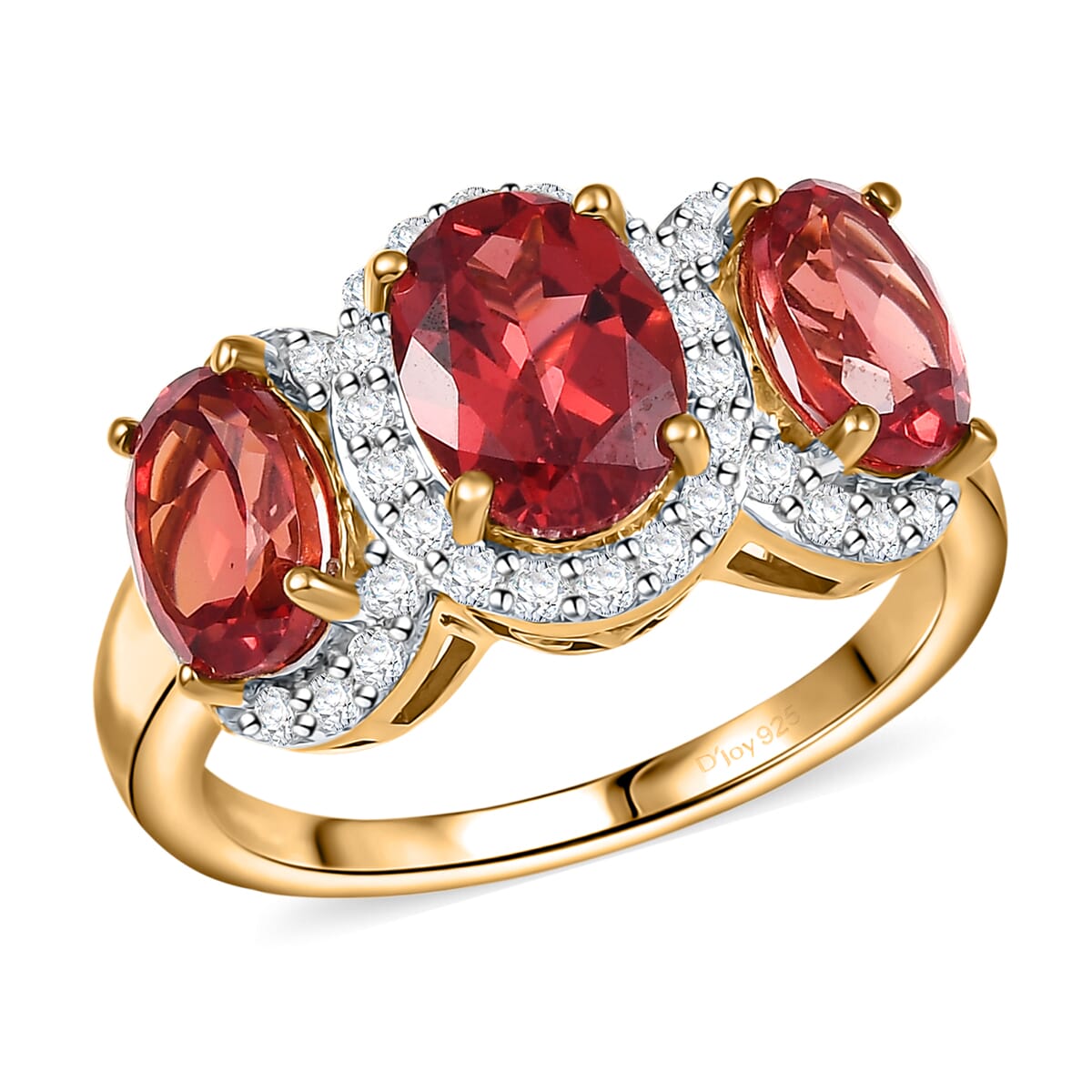 D'Joy Lab Created Padparadscha and White Sapphire 4.50 ctw Trilogy Halo Ring in 18K Vermeil Yellow Gold Over Sterling Silver (Size 10.0) image number 0