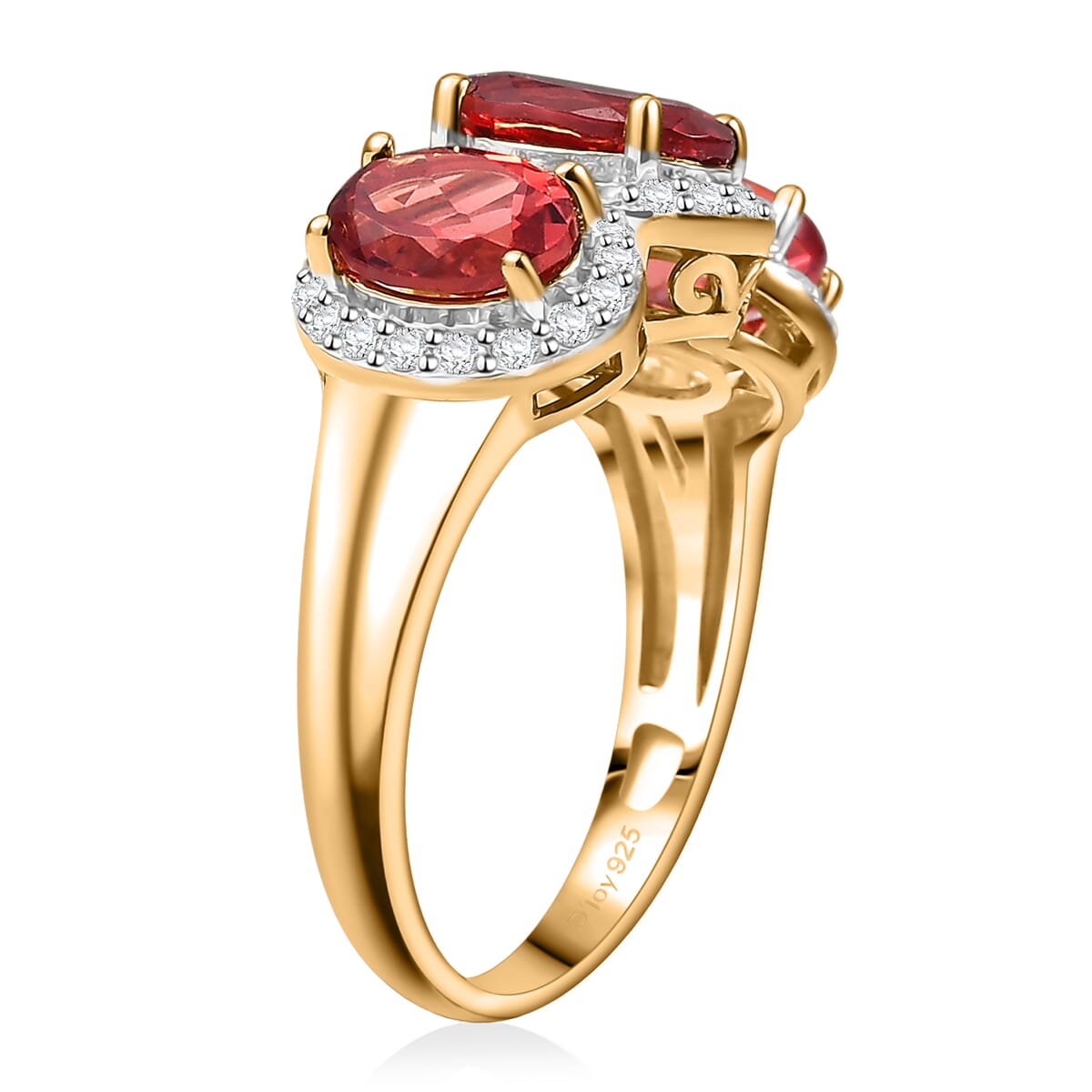 D'Joy Lab Created Padparadscha and White Sapphire 4.50 ctw Trilogy Halo Ring in 18K Vermeil Yellow Gold Over Sterling Silver (Size 10.0) image number 3