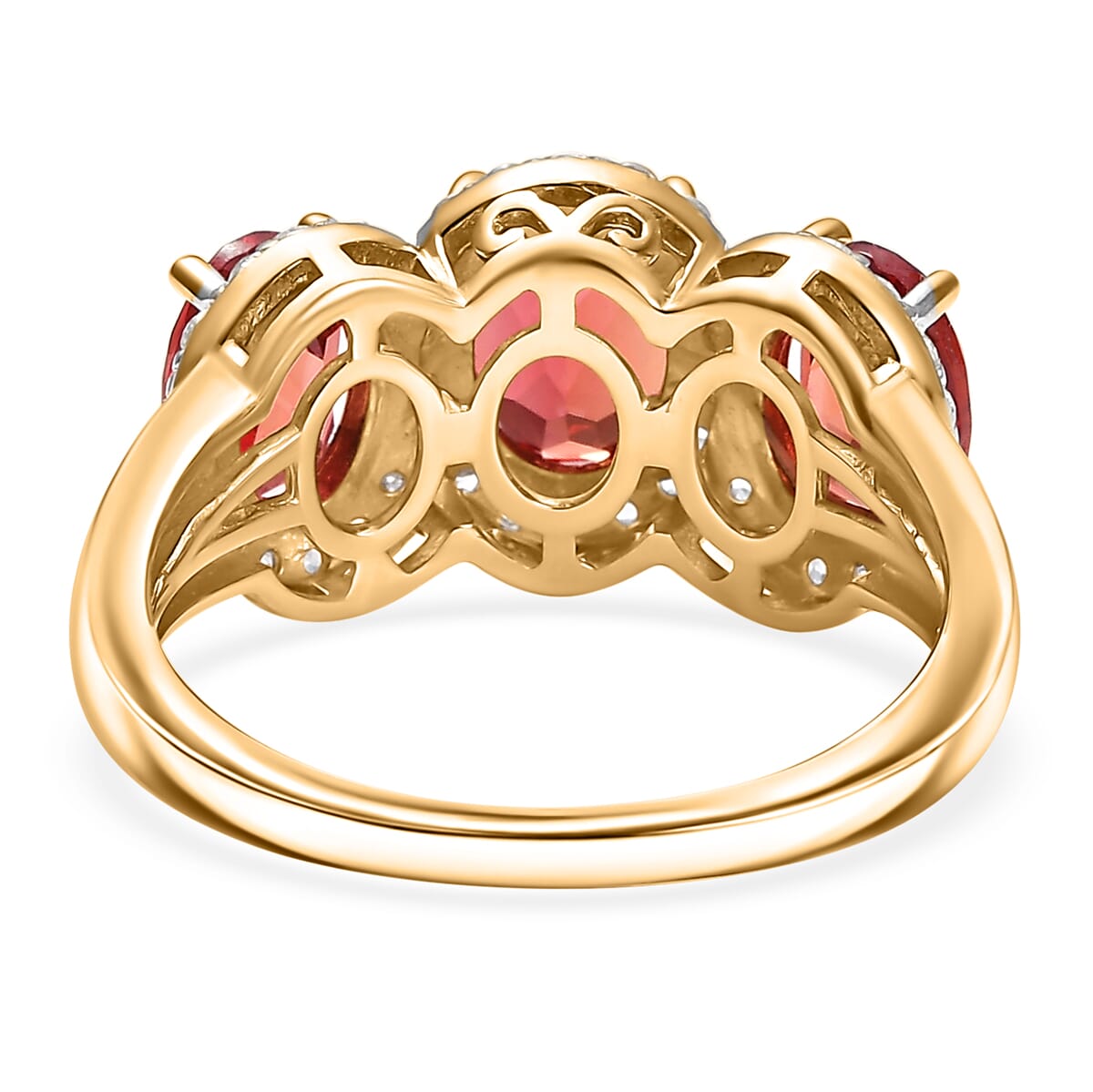 D'Joy Lab Created Padparadscha and White Sapphire 4.50 ctw Trilogy Halo Ring in 18K Vermeil Yellow Gold Over Sterling Silver (Size 10.0) image number 4