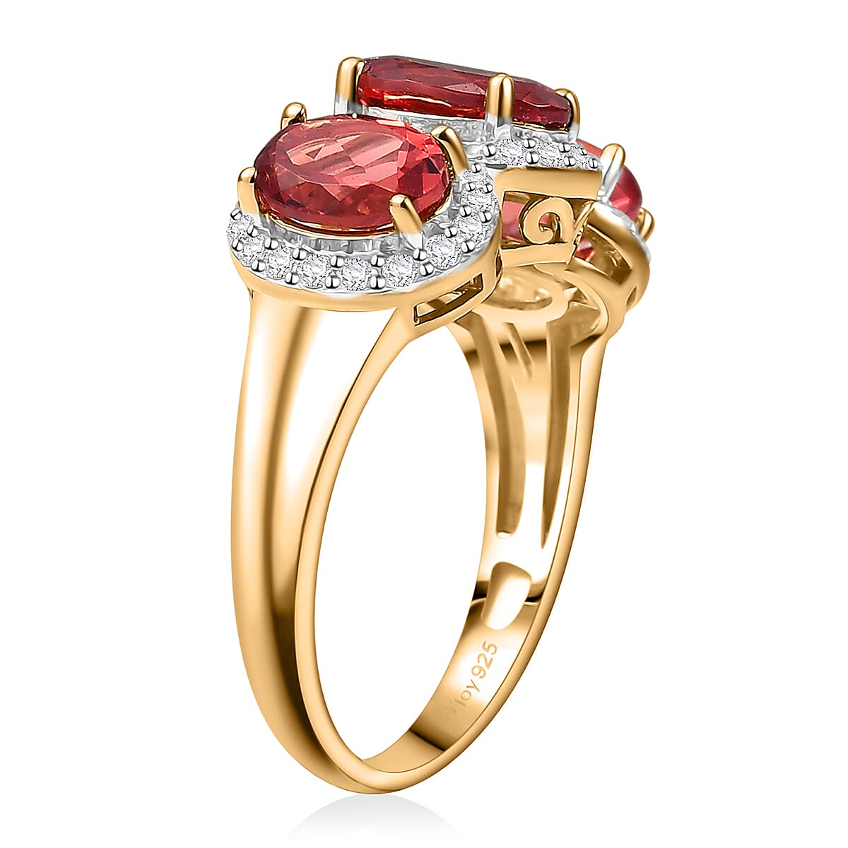 D'Joy Lab Created Padparadscha and White Sapphire 4.50 ctw Trilogy Halo Ring in 18K Vermeil Yellow Gold Over Sterling Silver (Size 6.0) image number 3