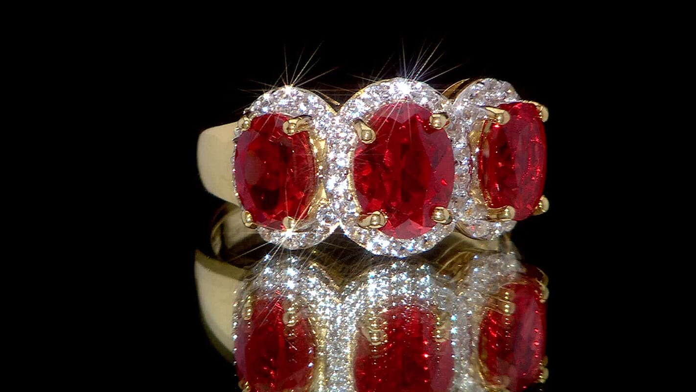 Lab Created Padparadscha Sapphire, Lab Created White Sapphire Ring in 18K Vermeil YG Over Sterling Silver (Size 10.0) 4.50 ctw
