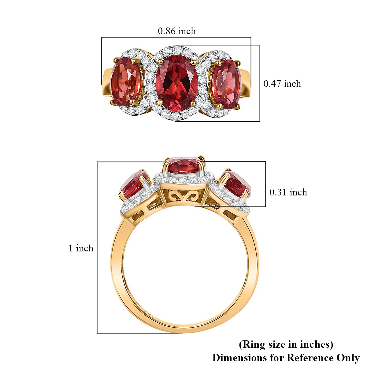 D'Joy Lab Created Padparadscha and White Sapphire 4.50 ctw Trilogy Halo Ring in 18K Vermeil Yellow Gold Over Sterling Silver (Size 8.0)