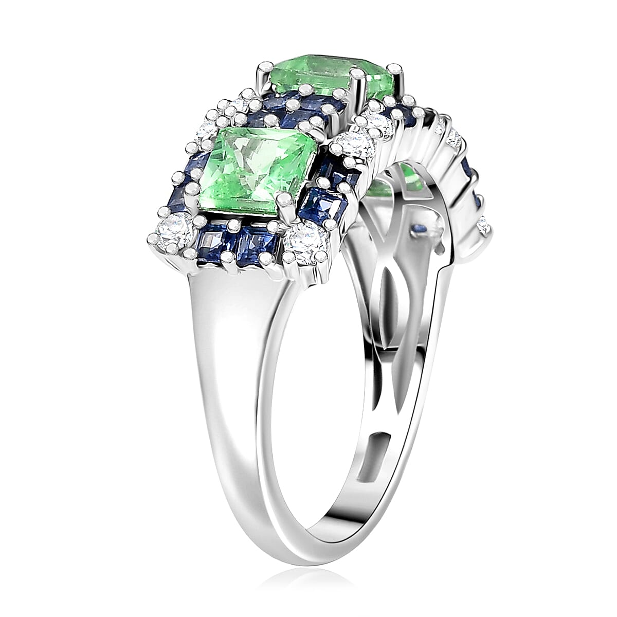 D'Joy Lab Created Mint Green, Blue and White Sapphire 3.55 ctw Art Deco Ring in Rhodium Over Sterling Silver (Size 10.0) 