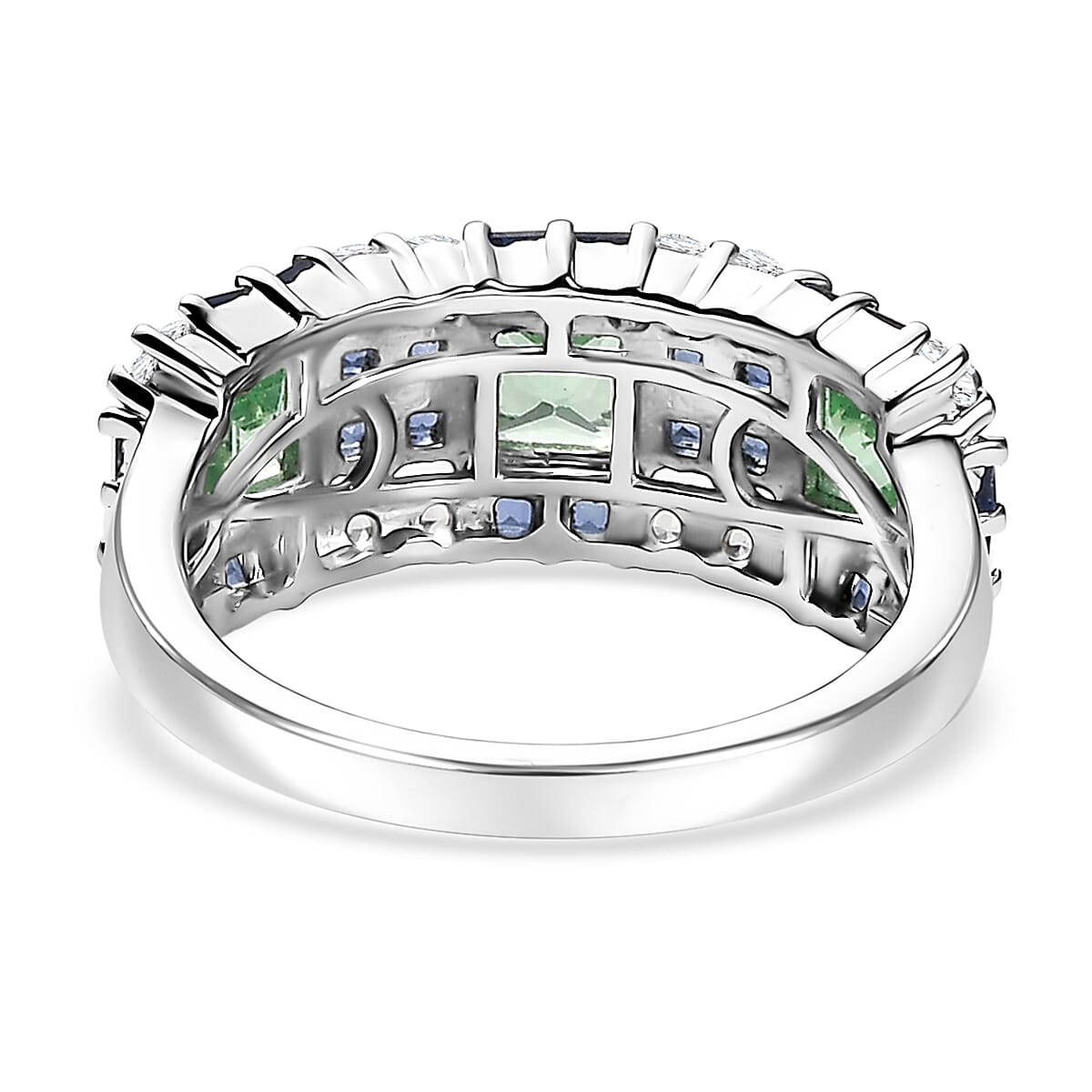 D'Joy Lab Created Mint Green, Blue and White Sapphire 3.55 ctw Art Deco Ring in Rhodium Over Sterling Silver (Size 10.0) 