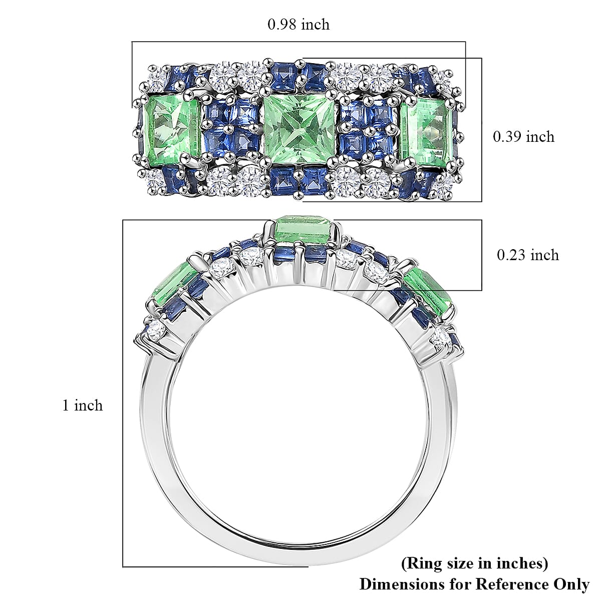 D'Joy Lab Created Mint Green, Blue and White Sapphire 3.55 ctw Art Deco Ring in Rhodium Over Sterling Silver (Size 10.0) 
