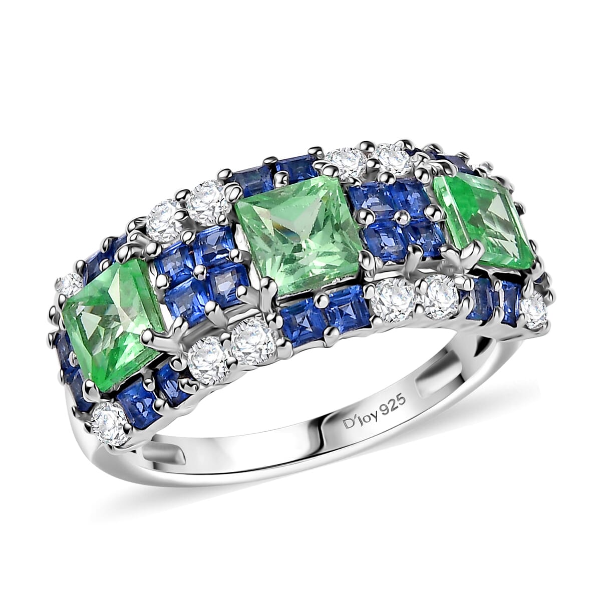D'Joy Lab Created Mint Green, Blue and White Sapphire 3.55 ctw Art Deco Ring in Rhodium Over Sterling Silver (Size 6.0)  image number 0