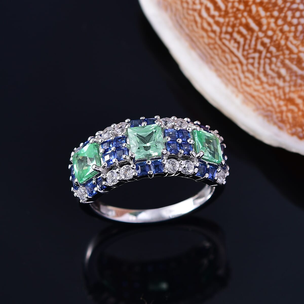 D'Joy Lab Created Mint Green, Blue and White Sapphire 3.55 ctw Art Deco Ring in Rhodium Over Sterling Silver (Size 6.0)  image number 1