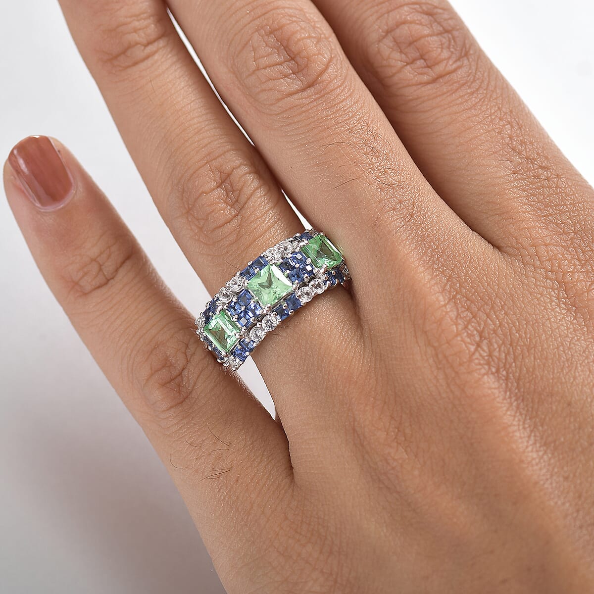 D'Joy Lab Created Mint Green, Blue and White Sapphire 3.55 ctw Art Deco Ring in Rhodium Over Sterling Silver (Size 9.0)  image number 2