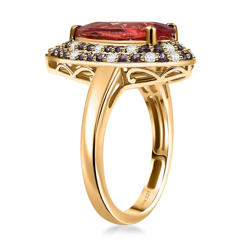 D'Joy Lab Created Padparadscha, Purple and White Sapphire 5.25 ctw Teardrop Ring in 18K Vermeil Yellow Gold Over Sterling Silver (Size 10.0)
