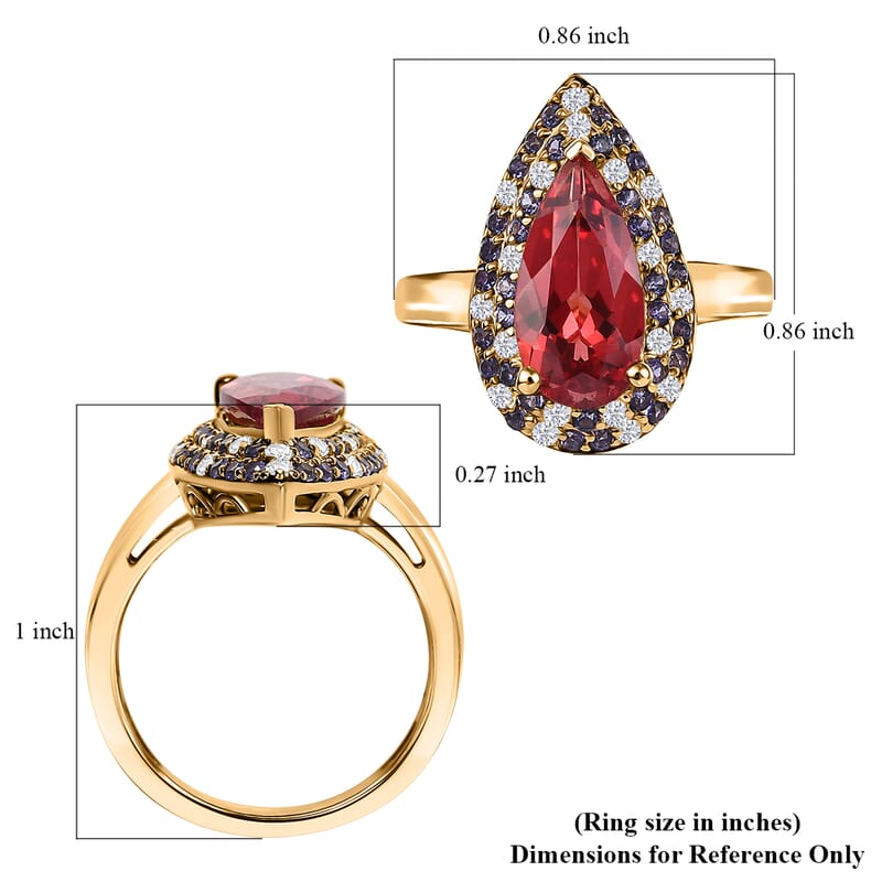 D'Joy Lab Created Padparadscha, Purple and White Sapphire 5.25 ctw Teardrop Ring in 18K Vermeil Yellow Gold Over Sterling Silver (Size 10.0)